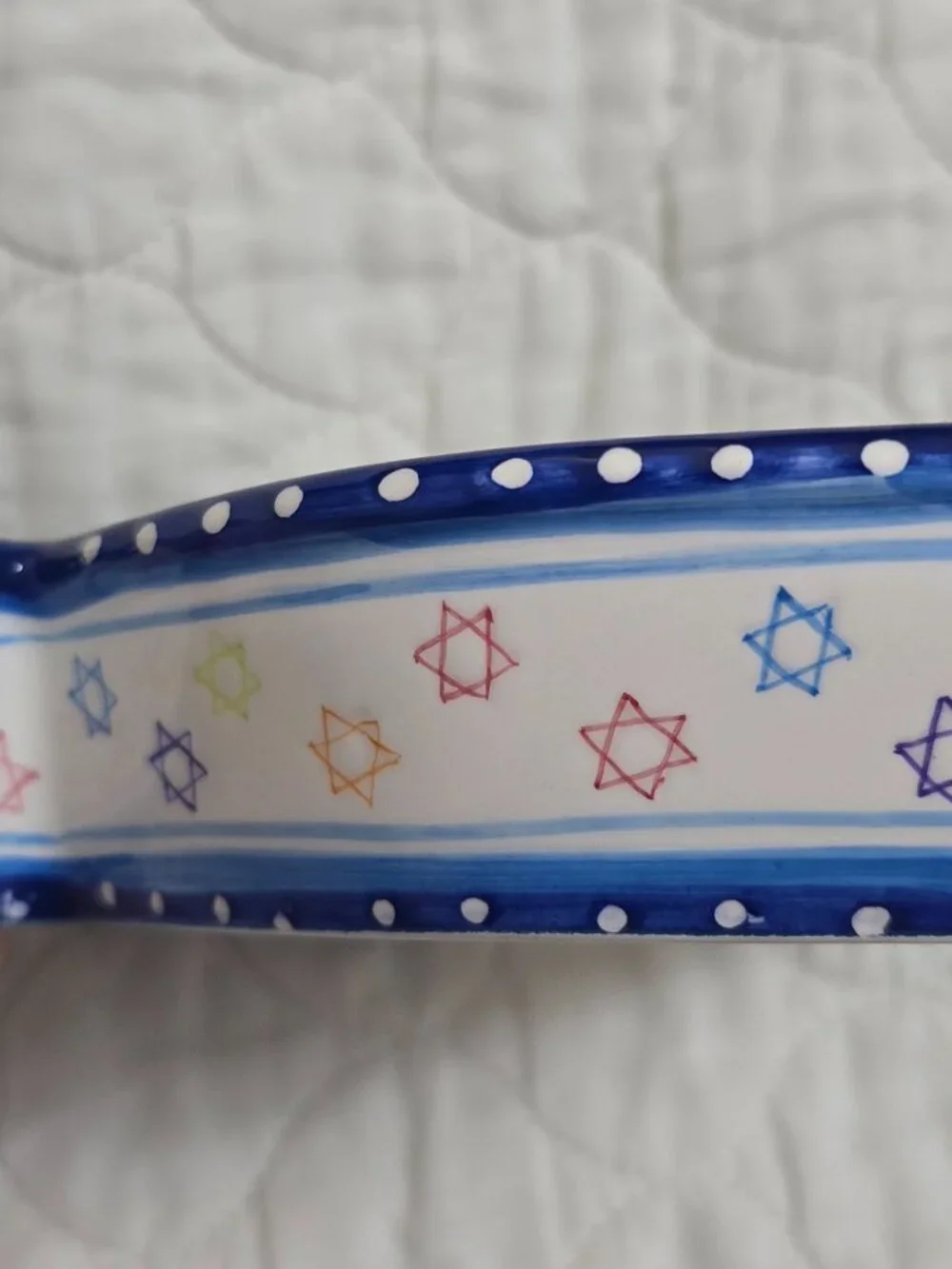 Menorah Shaped Candy Bowl Susan Fischer Weis Design Rainbow Design Ceramic Dish.
